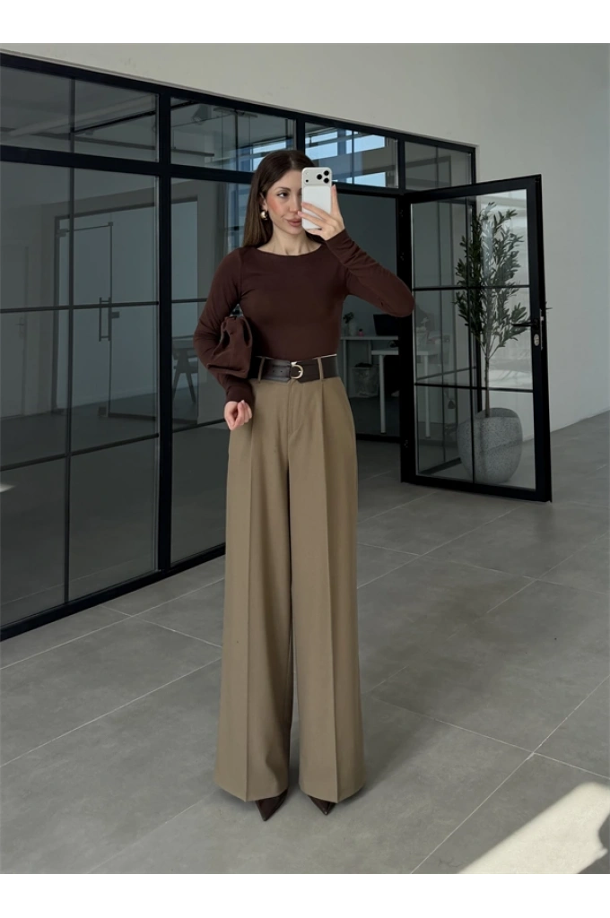 Tasarım Kemerli Vera Karamel Palazzo Pantolon