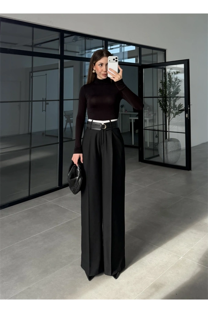 Tasarım Kemerli Vera Siyah Palazzo Pantolon