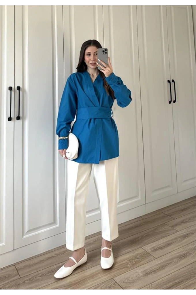 Tasarım Kuşaklı Petrol Mavi Kimono Gömlek