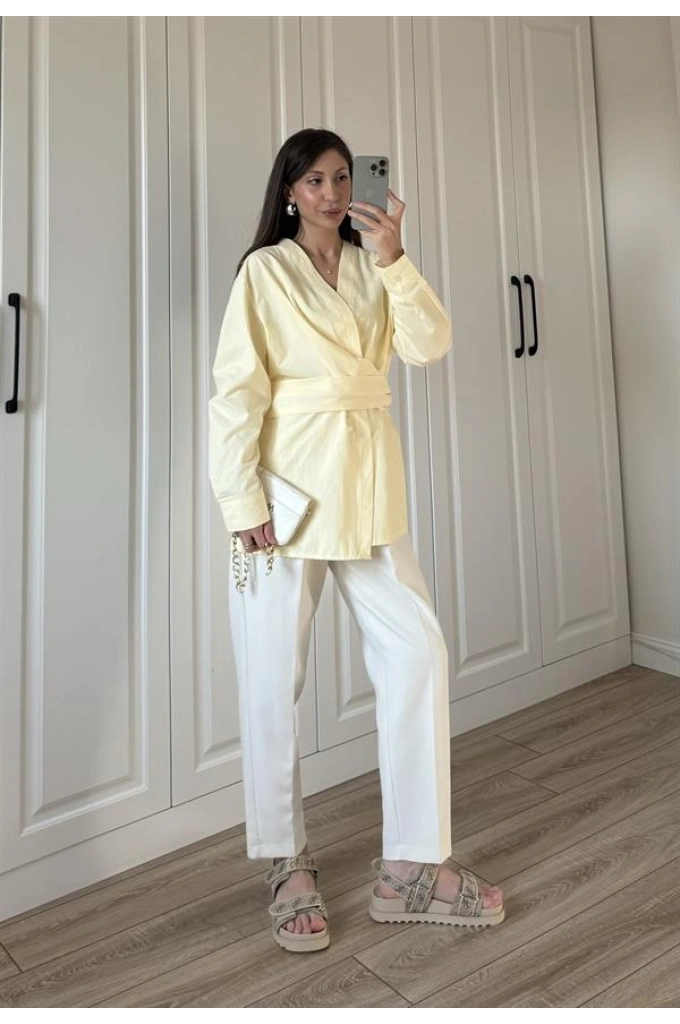 Tasarım Kuşaklı Sarı Kimono Gömlek