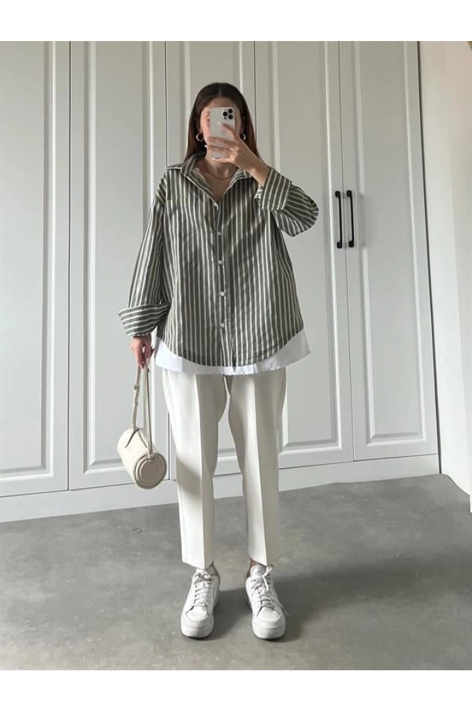 Tasarım Parçalı Çizgili Haki Poplin Gömlek