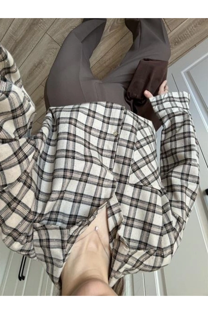 Taşlı Bej Ekose Gömlek