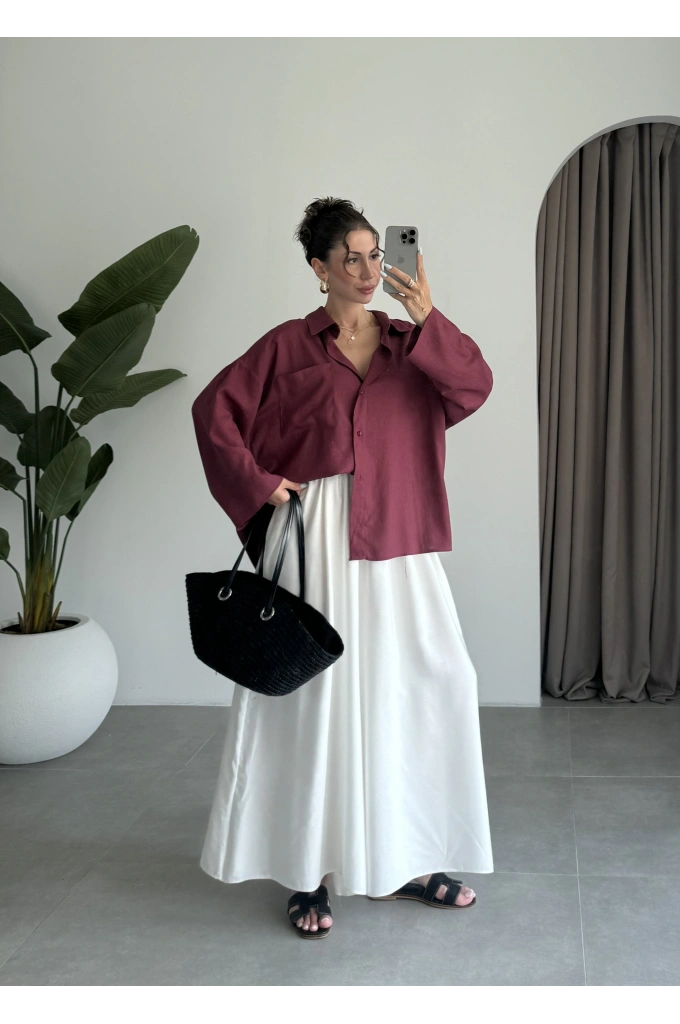 Tek Cepli Keten Oversize Bordo Gömlek