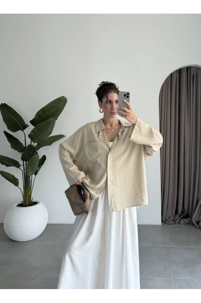 Tek Cepli Keten Oversize Taş Gömlek