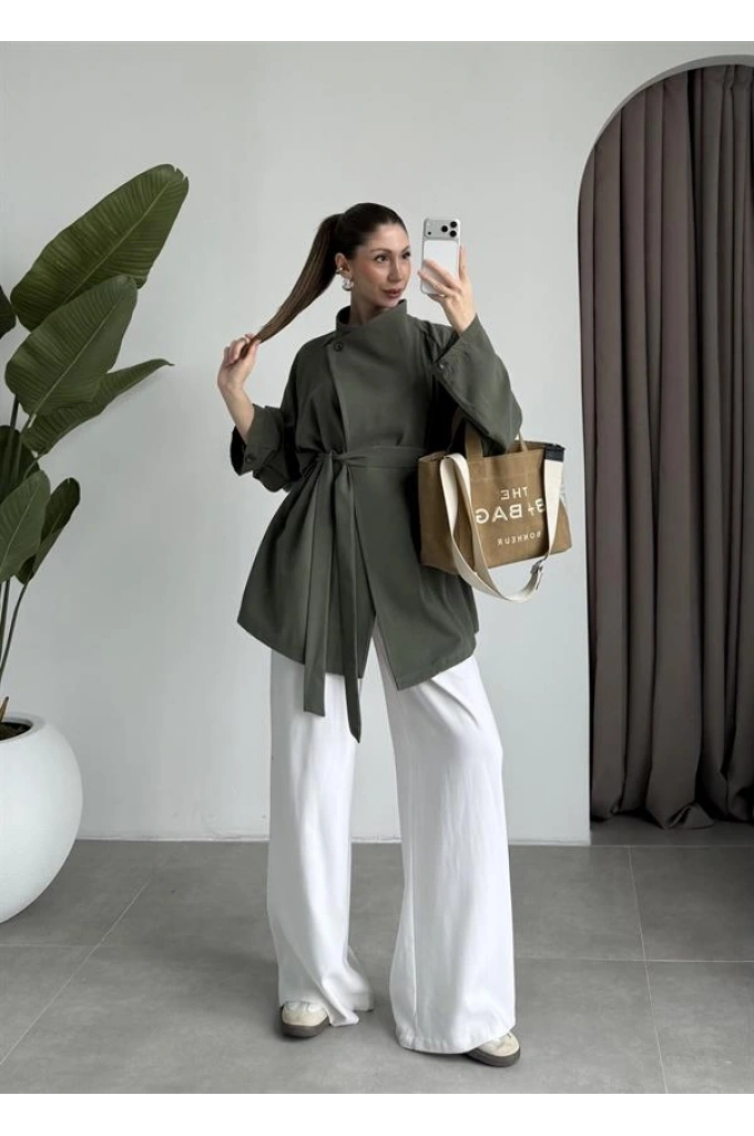 Tek Düğme Kuşaklı Haki Tensel Ceket