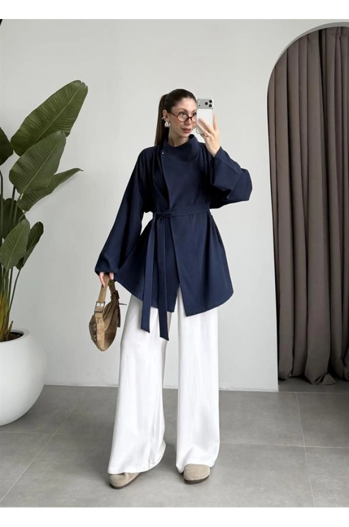 Tek Düğme Kuşaklı Lacivert Tensel Ceket