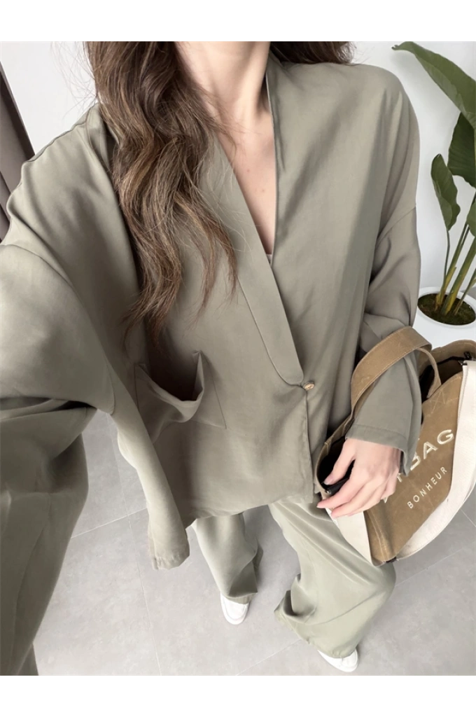 Tek Düğme Oversize Tensel Haki Takım