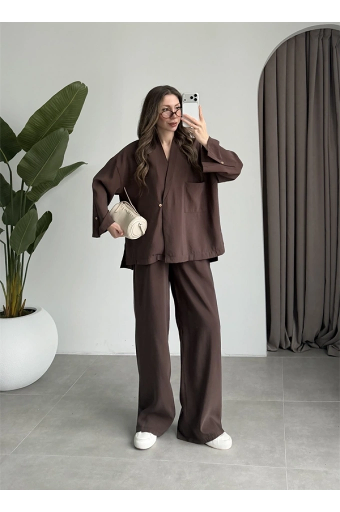 Tek Düğme Oversize Tensel Kahve Takım