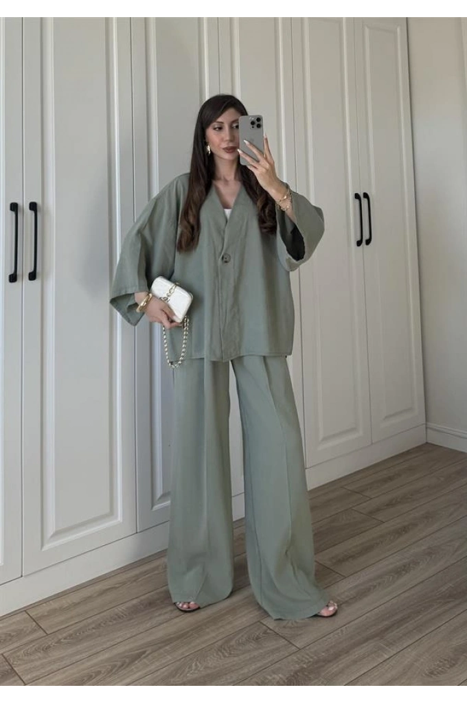 Tek Düğmeli Oversize Mint Yeşili Gömlek Takım