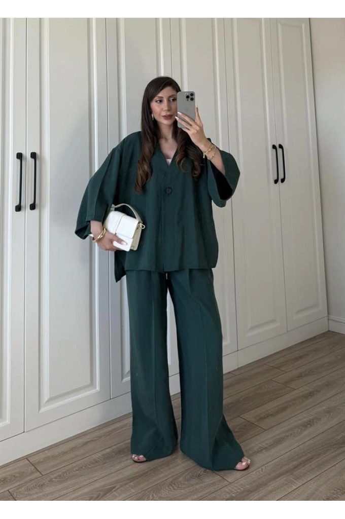 Tek Düğmeli Oversize Zümrüt Yeşili Gömlek Takım