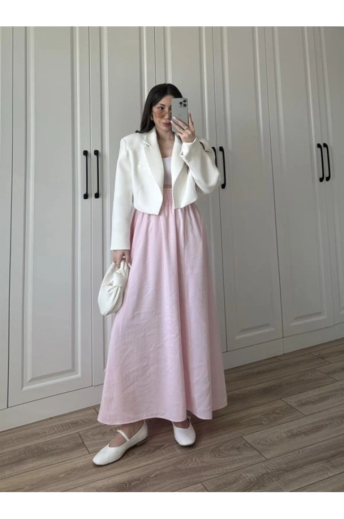 Tensel Beli Lastikli Açık Pembe Etek