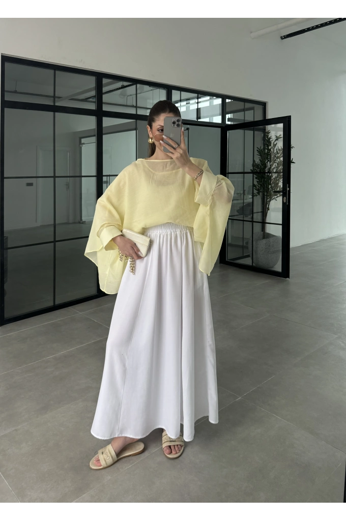 Tensel Beli Lastikli Beyaz Kilos Etek