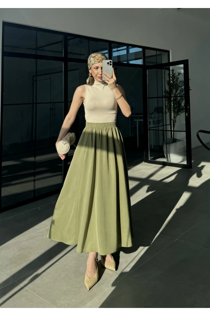 Tensel Beli Lastikli Haki Kilos Etek