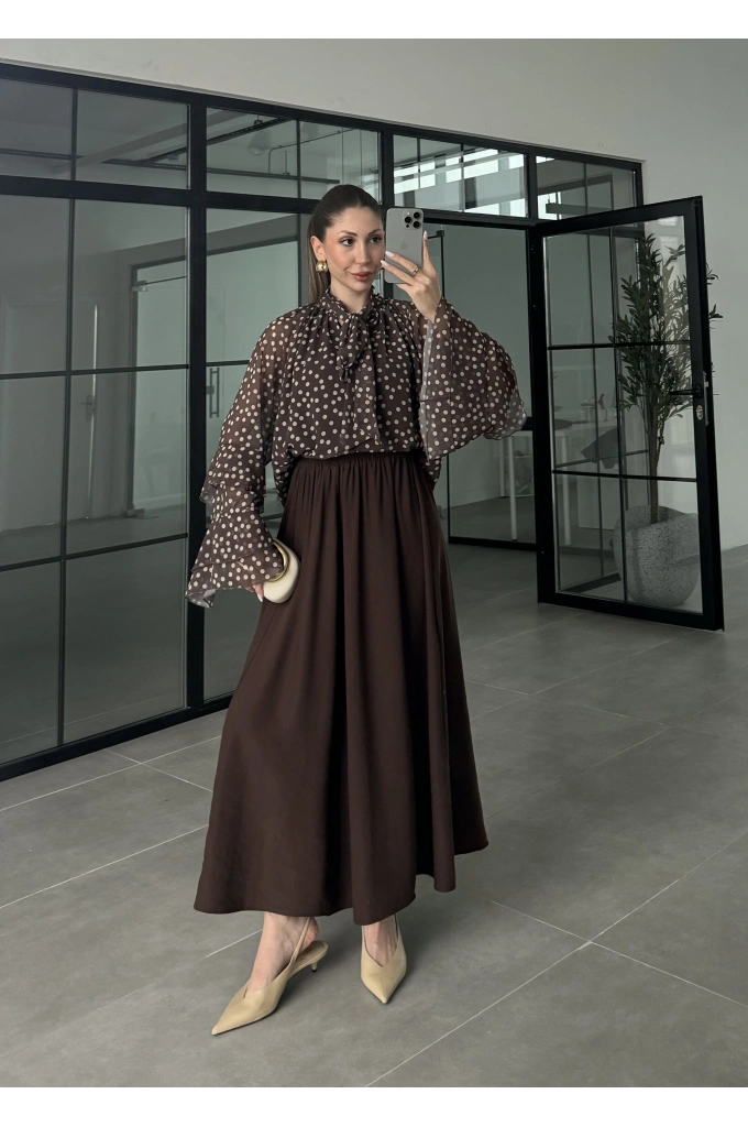 Tensel Beli Lastikli Kahve Kilos Etek