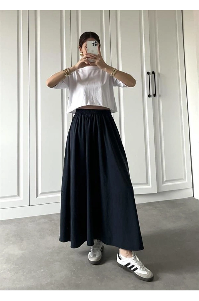 Tensel Beli Lastikli Lacivert Kilos Etek