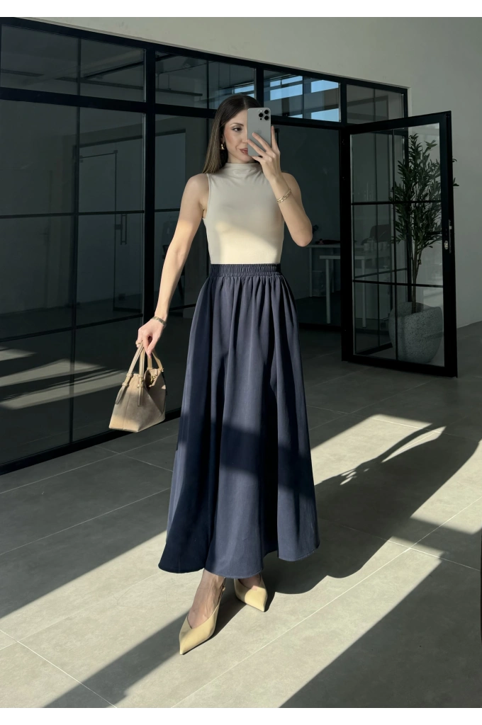 Tensel Beli Lastikli Lacivert Kilos Etek