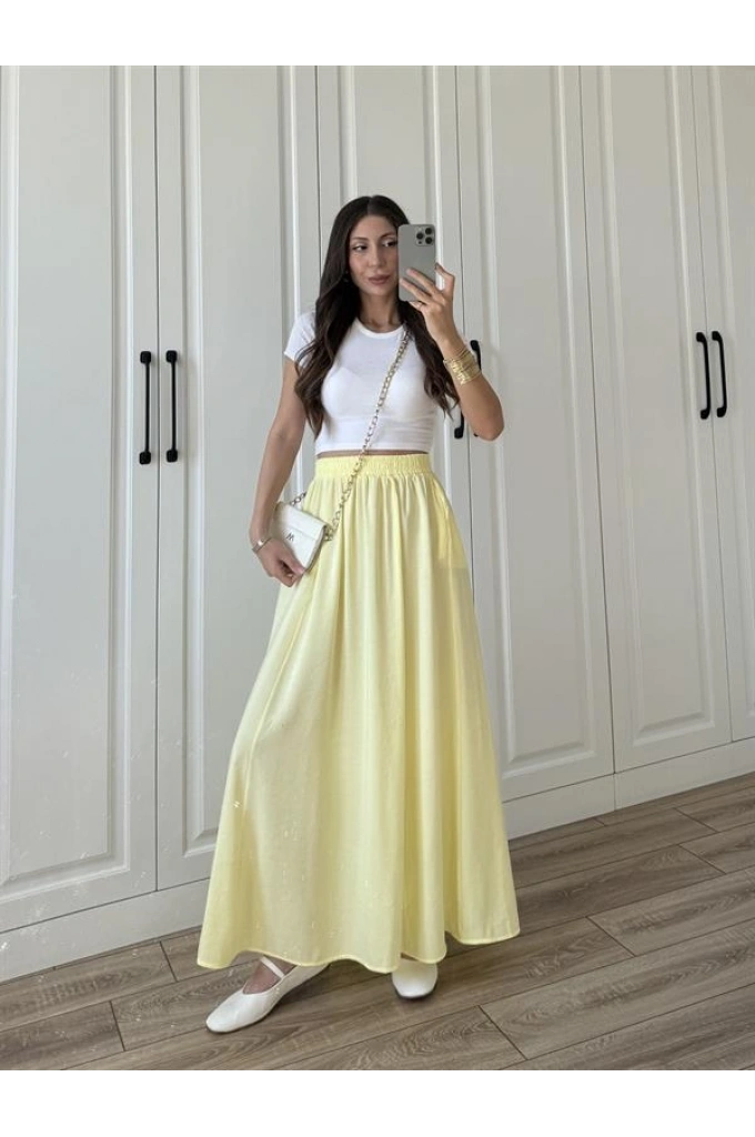Tensel Beli Lastikli Sarı Kilos Etek