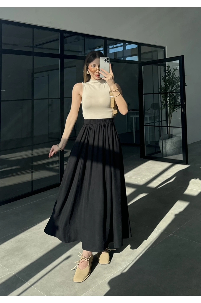 Tensel Beli Lastikli Siyah Kilos Etek