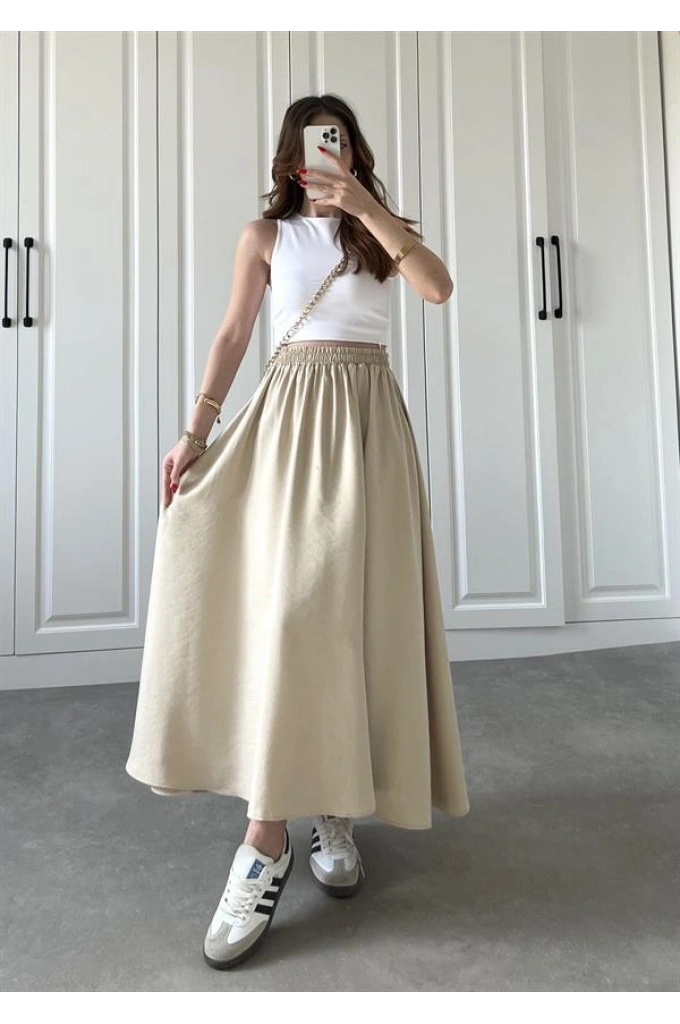 Tensel Beli Lastikli Taş Renk Kilos Etek