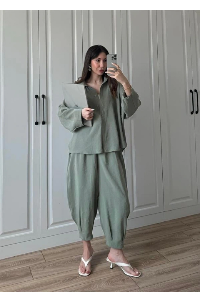 Tensel Kumaş Haki Şalvar Takım