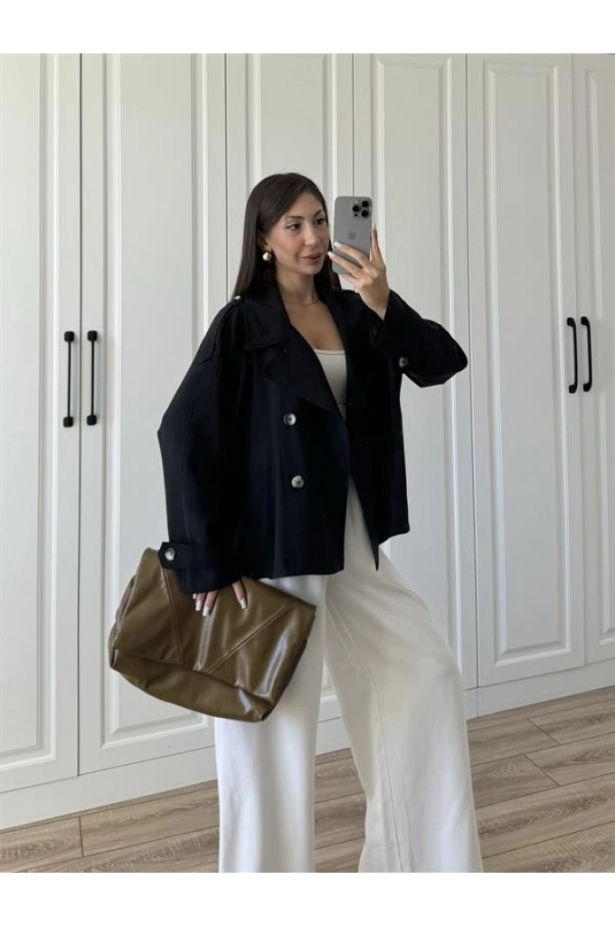 Tensel Oversize Siyah Kısa Trençkot