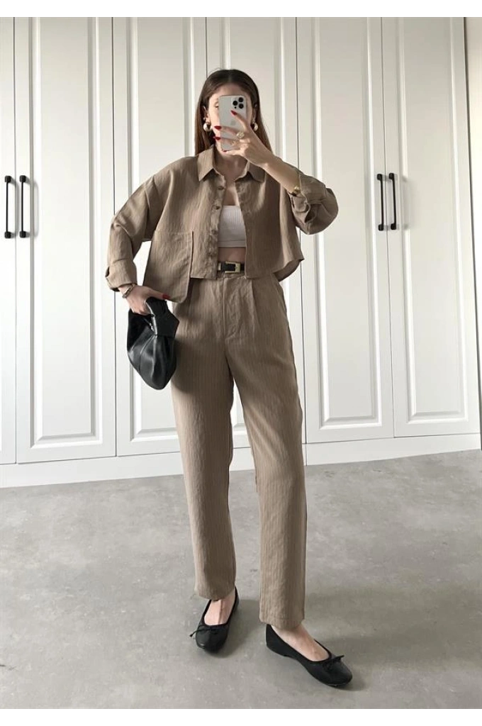 Tensel Parçalı Cappuccino Crop Gömlek Takım