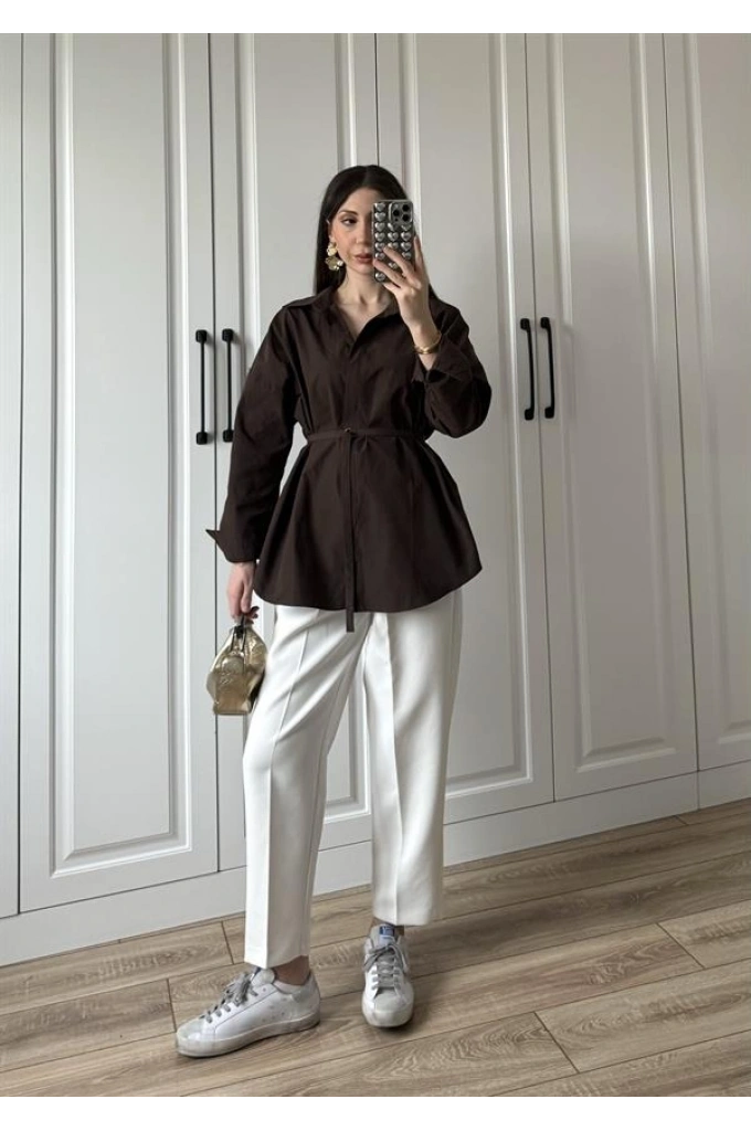 Tina İnce Kemerli Acı Kahve Gömlek