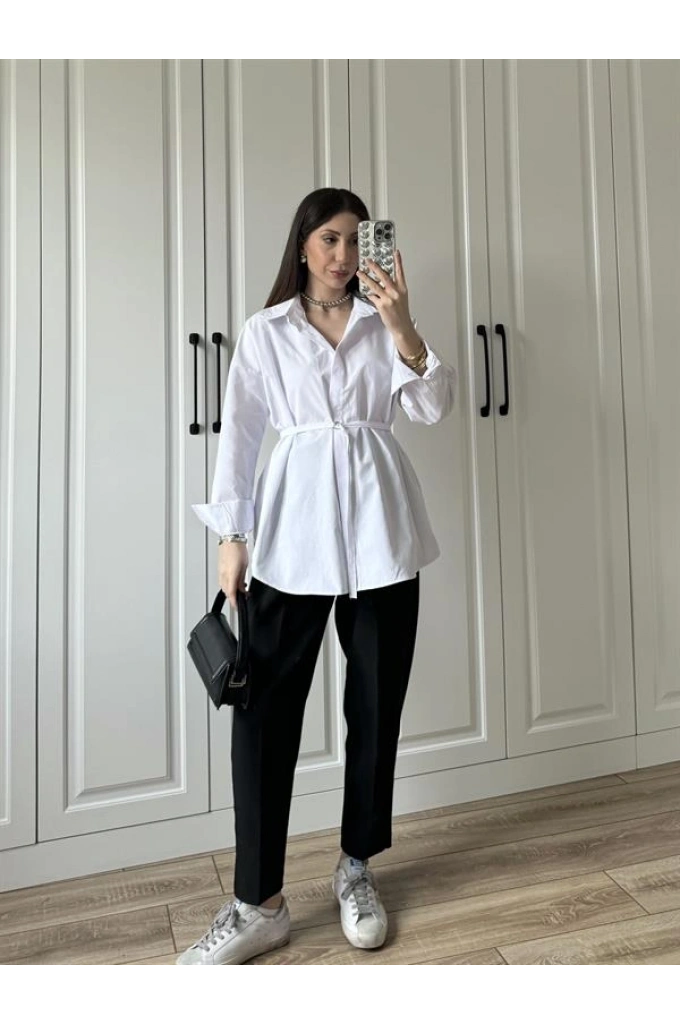 Tina İnce Kemerli Beyaz Gömlek