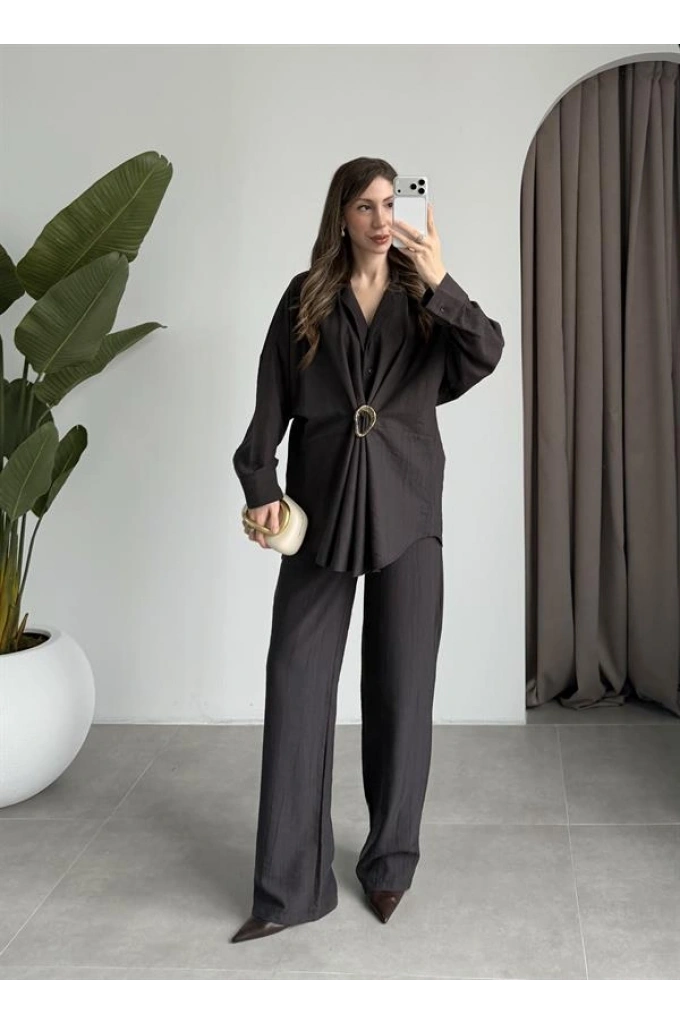 Tokalı İthal Kumaş Acı Kahve Gömlek Takım