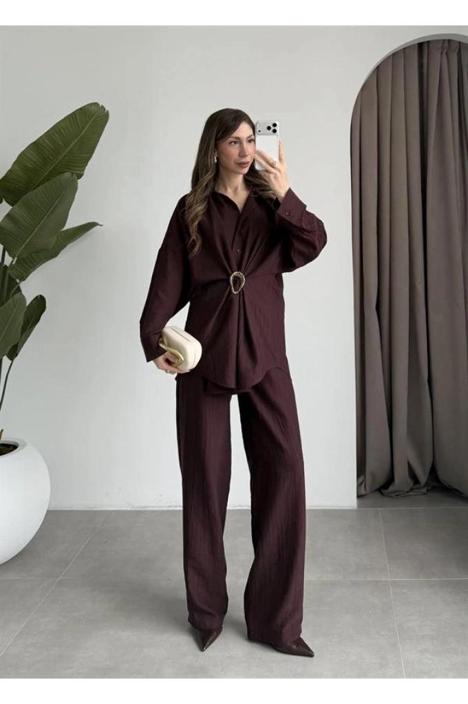 Tokalı İthal Kumaş Bordo Gömlek Takım