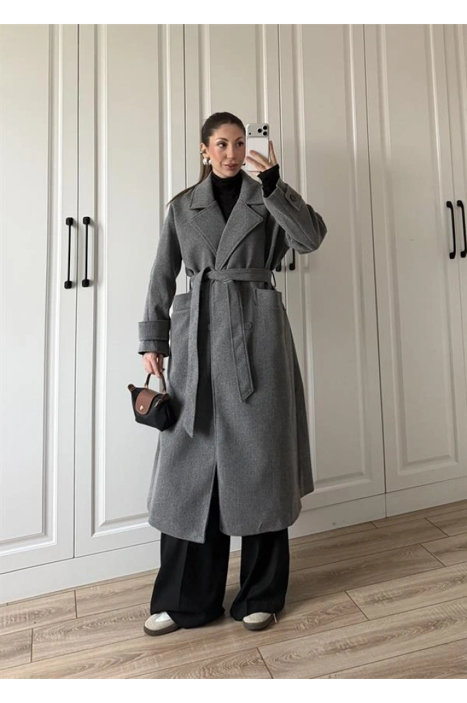 Tokyo Oversize Premium Kuşaklı Antrasit Yün Kaban