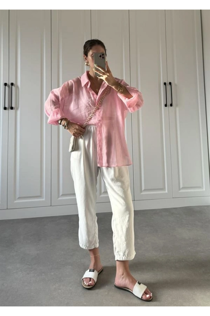 Transparan Pembe Oversize Gömlek