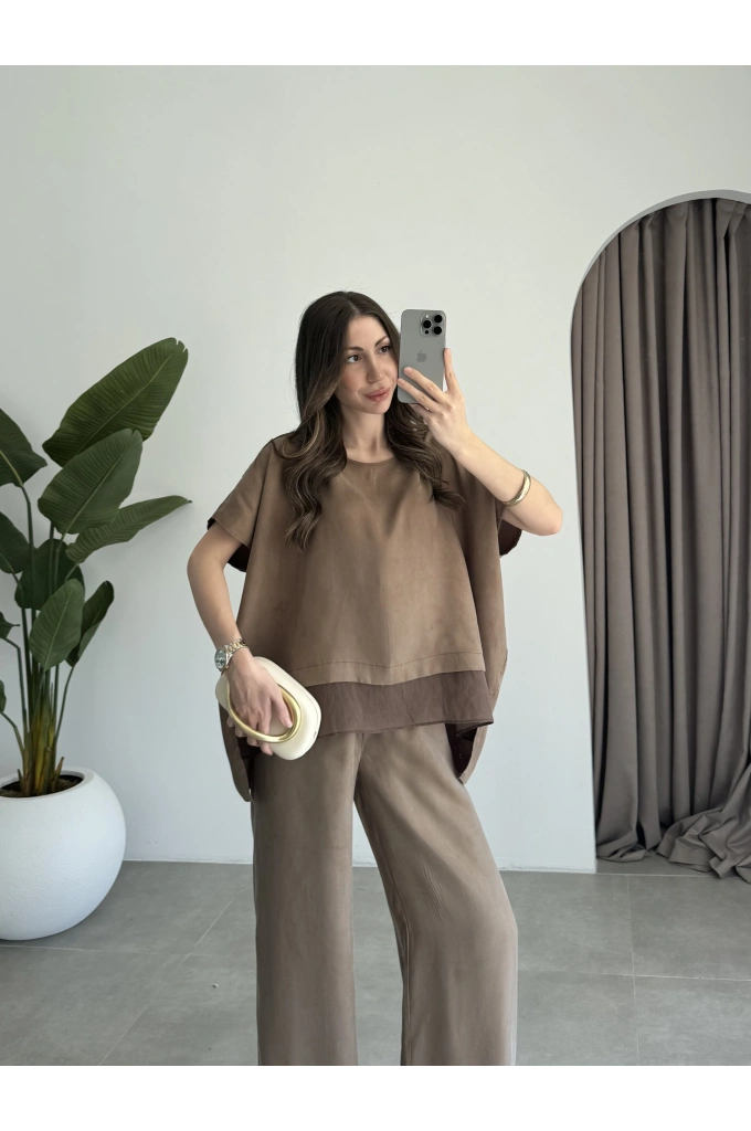 Tül Detaylı Bronz Bluz Takım