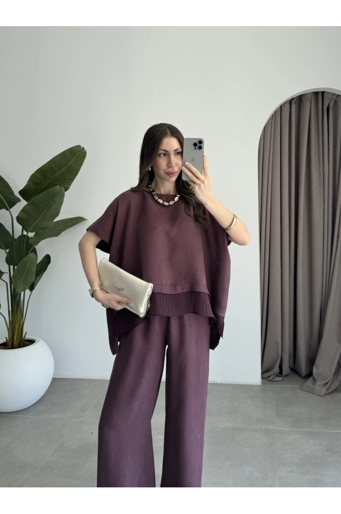 Tül Detaylı Mürdüm Bluz Takım