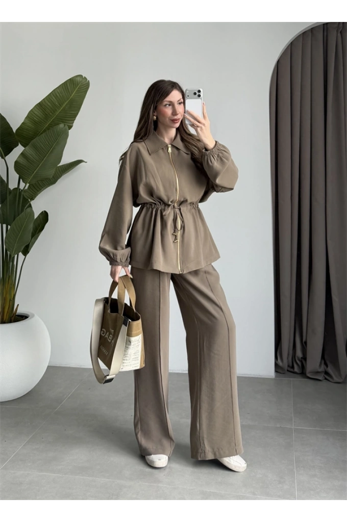 Tünelli Beli Büzgülü Premium Haki Takım