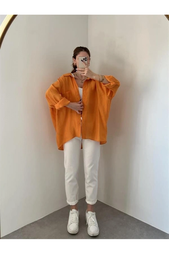 Turuncu Oversize Tensel Gömlek