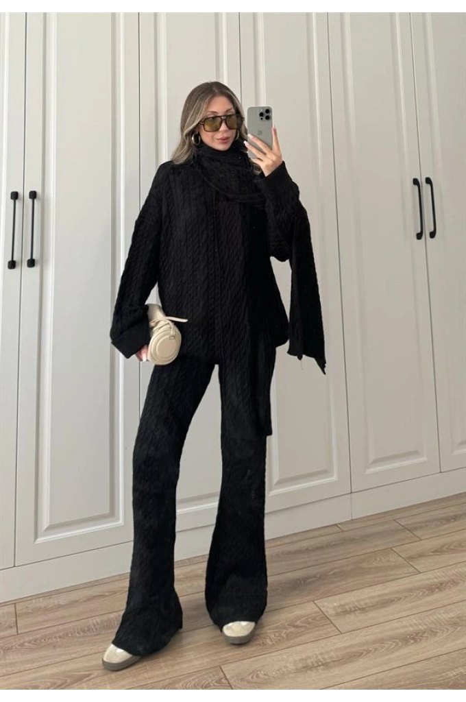 Üç Parça Atkılı Siyah Örgü Triko Takım