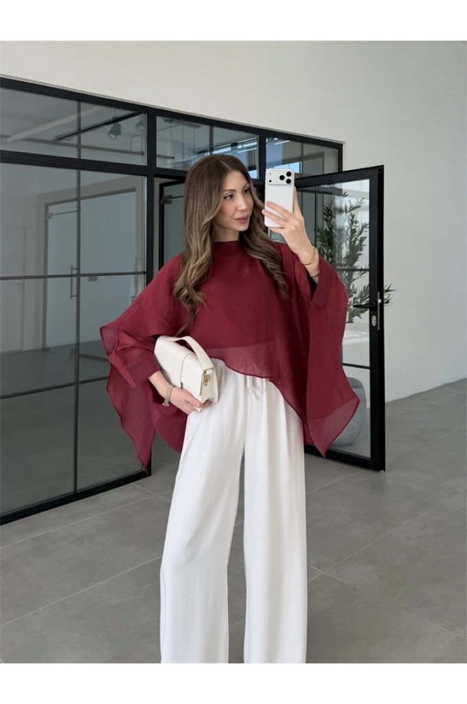 Uçuşan Pelerin Bordo Tül Bluz