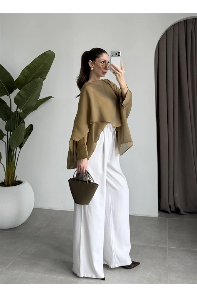 Uçuşan Pelerin Olive Tül Bluz