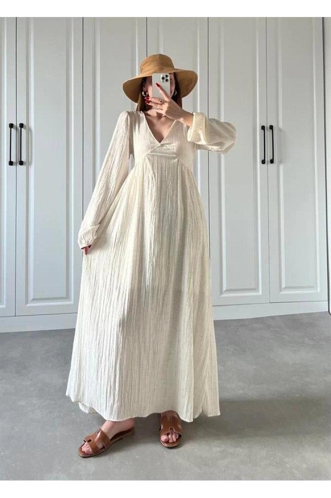 Uzun Kollu Bohem Gofre Elbise