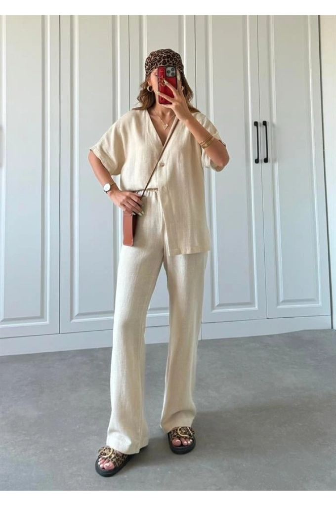 V Yaka Basic Bej Hasır Takım