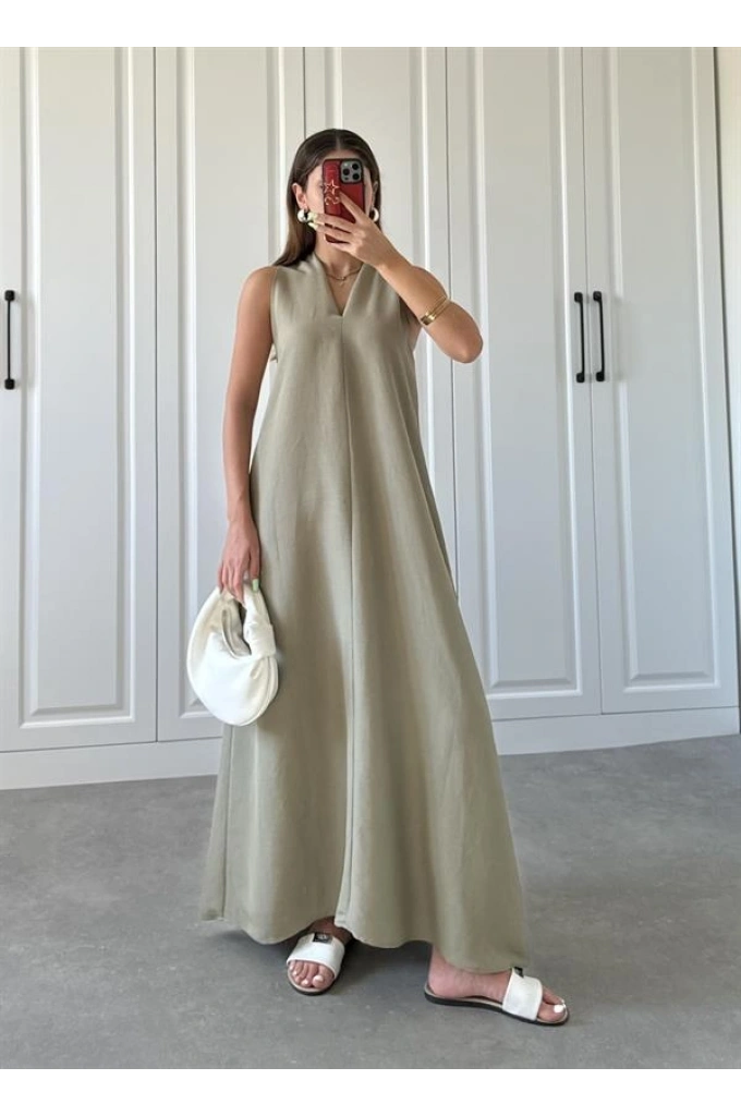 V Yaka Keten Uzun Oversize Cepli Haki Elbise