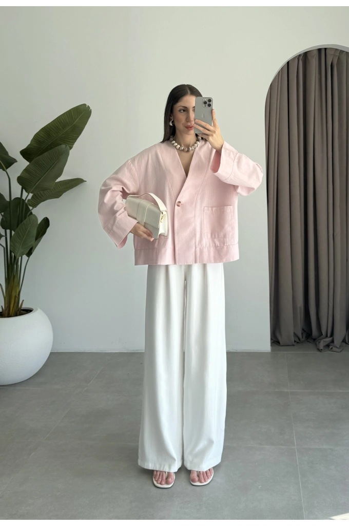 V Yaka Tek Düğme Keten Pembe Kimono Ceket