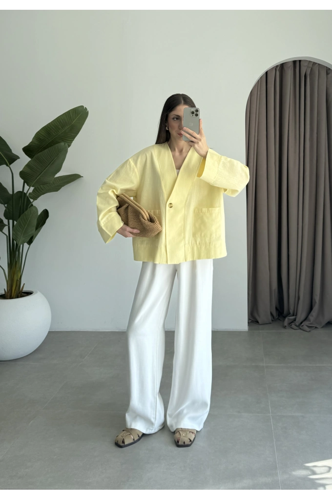 V Yaka Tek Düğme Keten Sarı Kimono Ceket