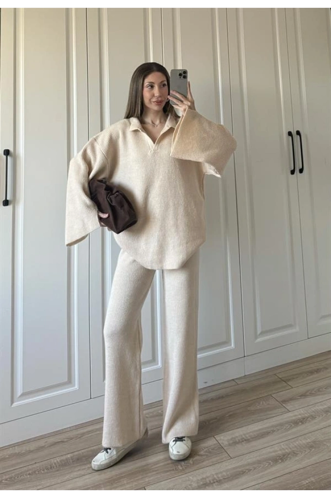 V Yaka Tok Triko Taş Örgü Takım