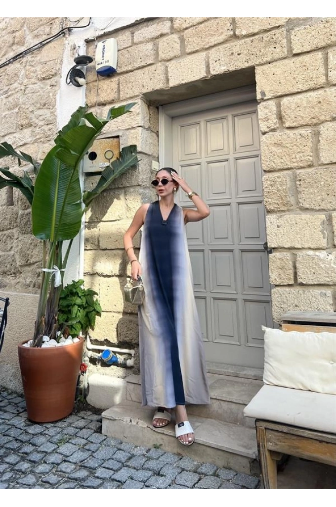 V Yaka Uzun İndigo Elbise