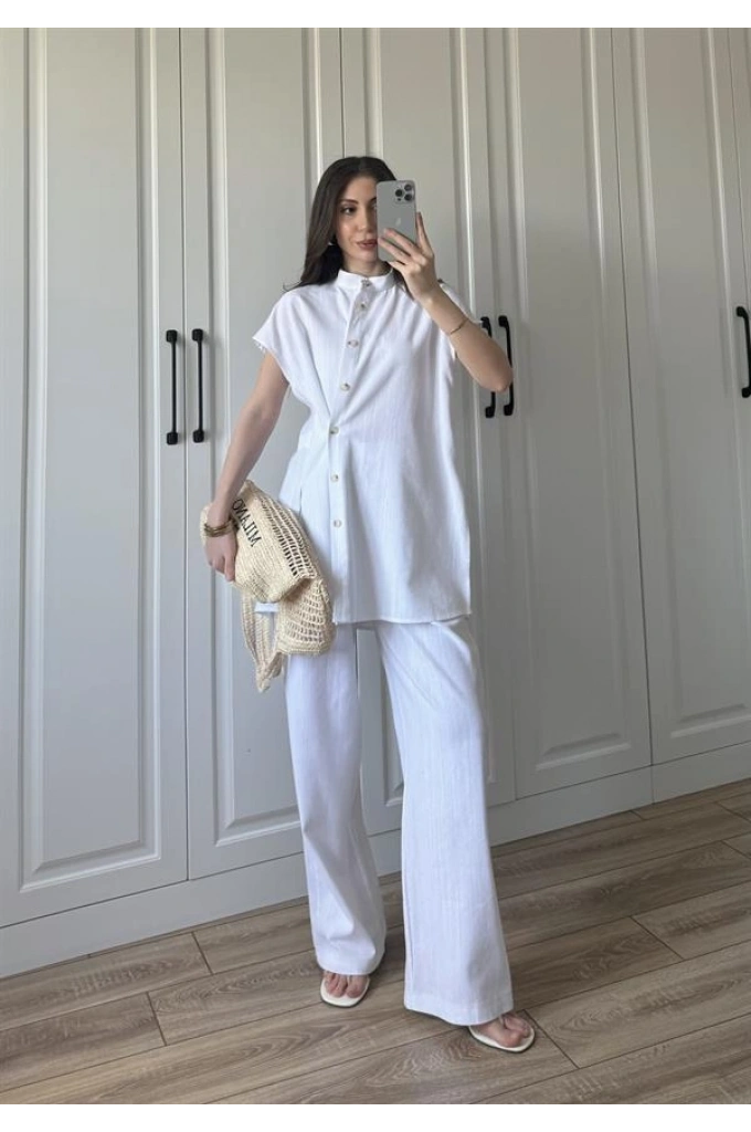 Vanda Tasarım Yan Düğmeli Beyaz Keten Takım