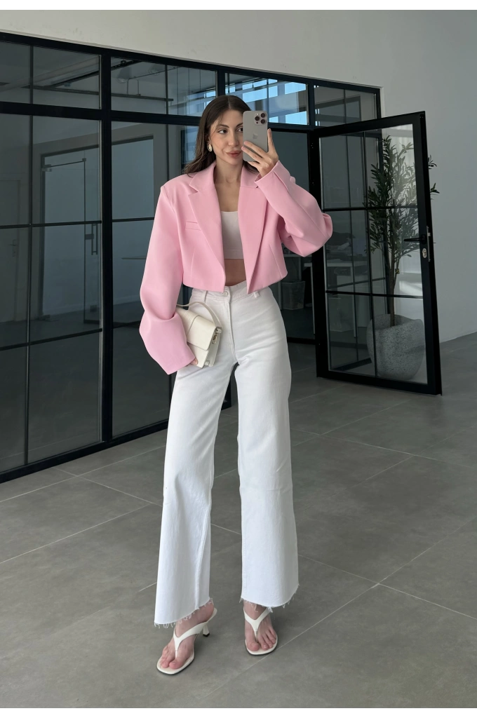 Vatkalı Astarlı Pembe Crop Ceket