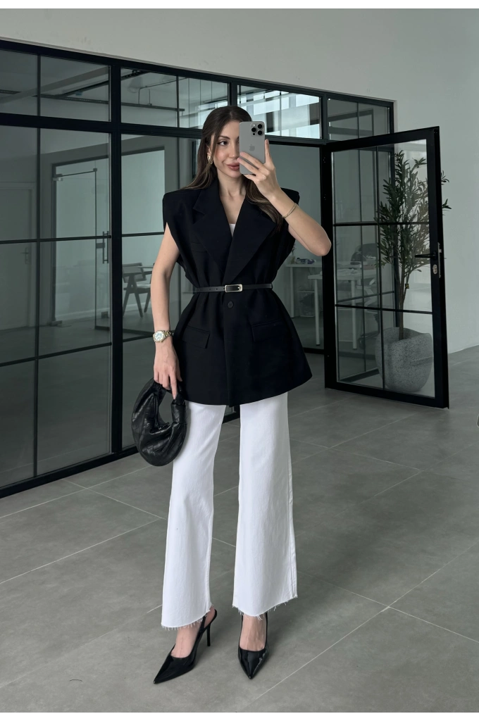Vatkalı Kemerli Siyah Premium Yelek