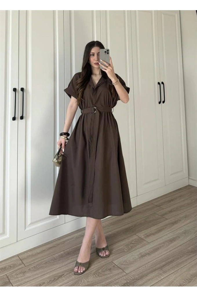 Viral Kemerli Poplin Kumaş Kahve Gömlek Elbise